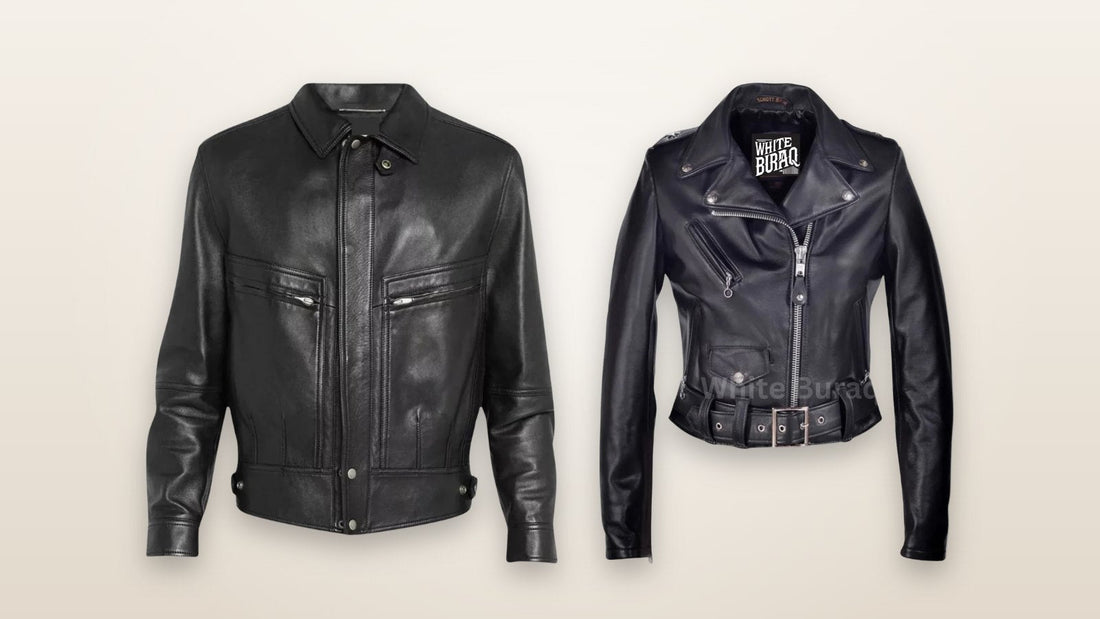 Men's black lambskin leather bomber jacket and women's black lambskin cropped asymmetrical jacket for evening outfits