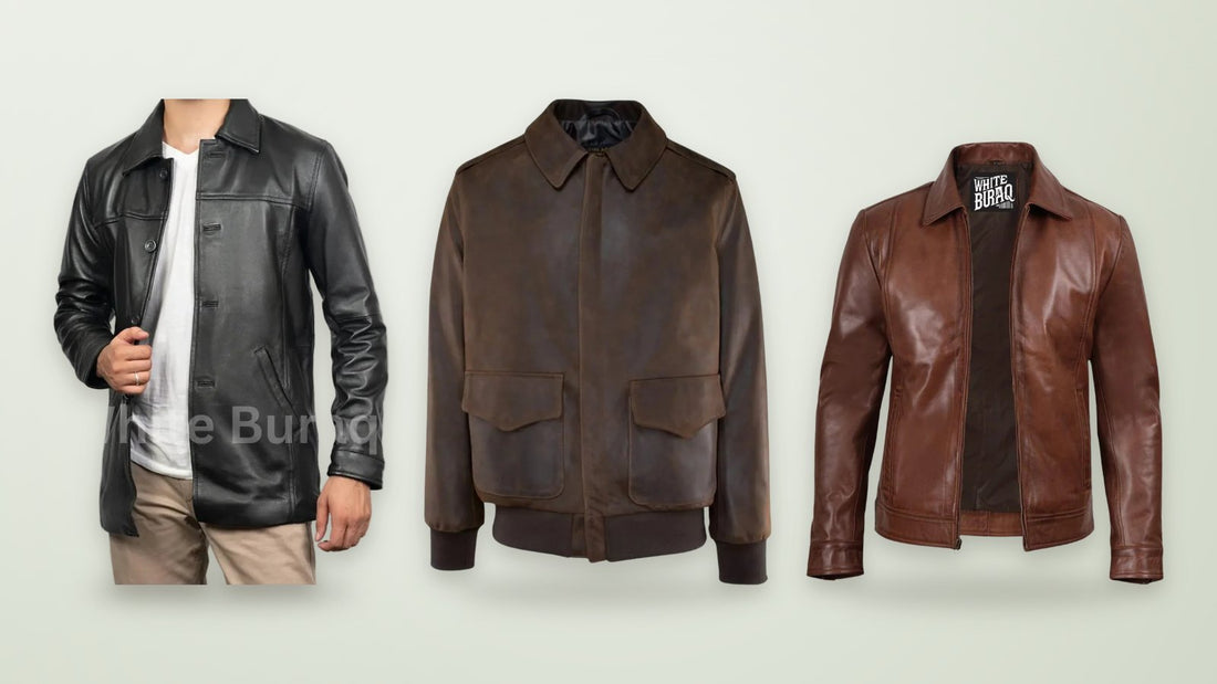 Lambskin leather car coat, distressed brown lightweight cowhide A-2 flight jacket and brown lambskin harrington jacket