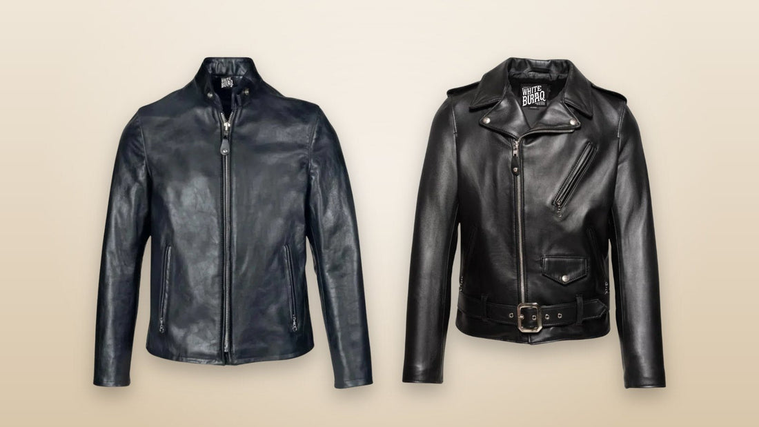 Men's black lightweight cowhide cafe racer jacket and men's black lambskin asymmetrical moto jacket