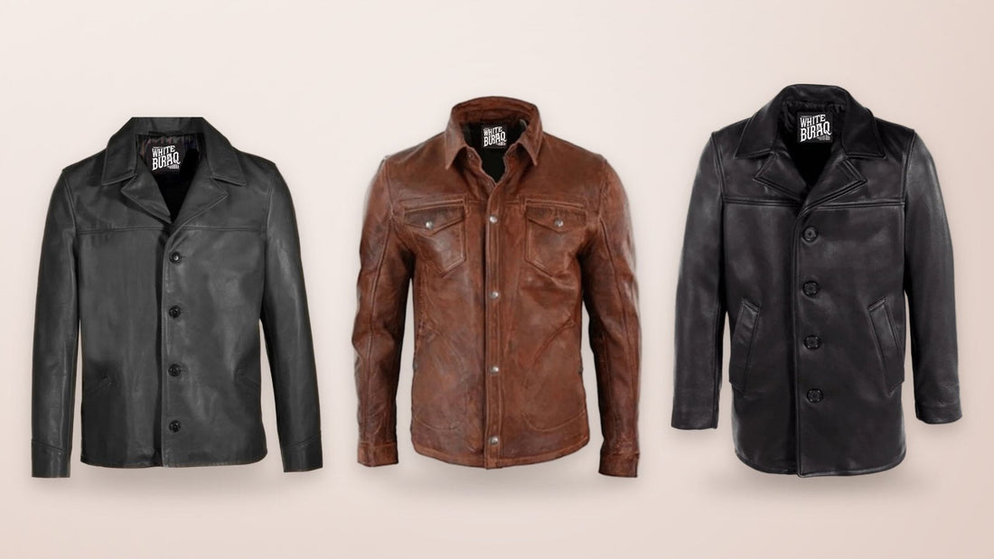 Men's black cowhide leather car coat, distressed brown lambskin leather trucker jacket and black leather overcoat
