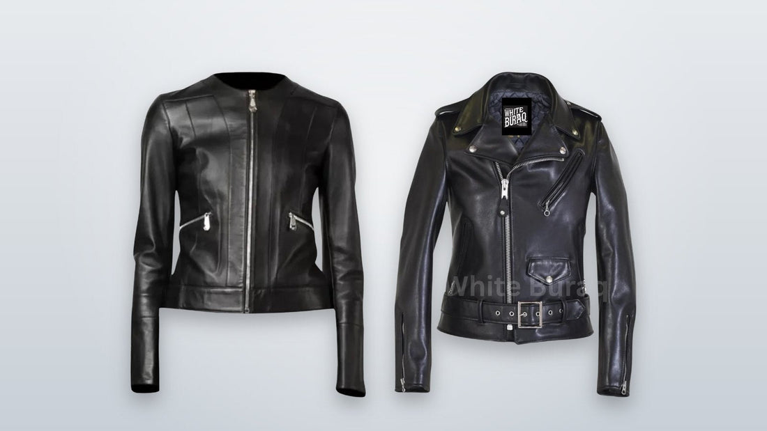 Women's black collarless leather jacket and black leather biker jacket with lapel collar