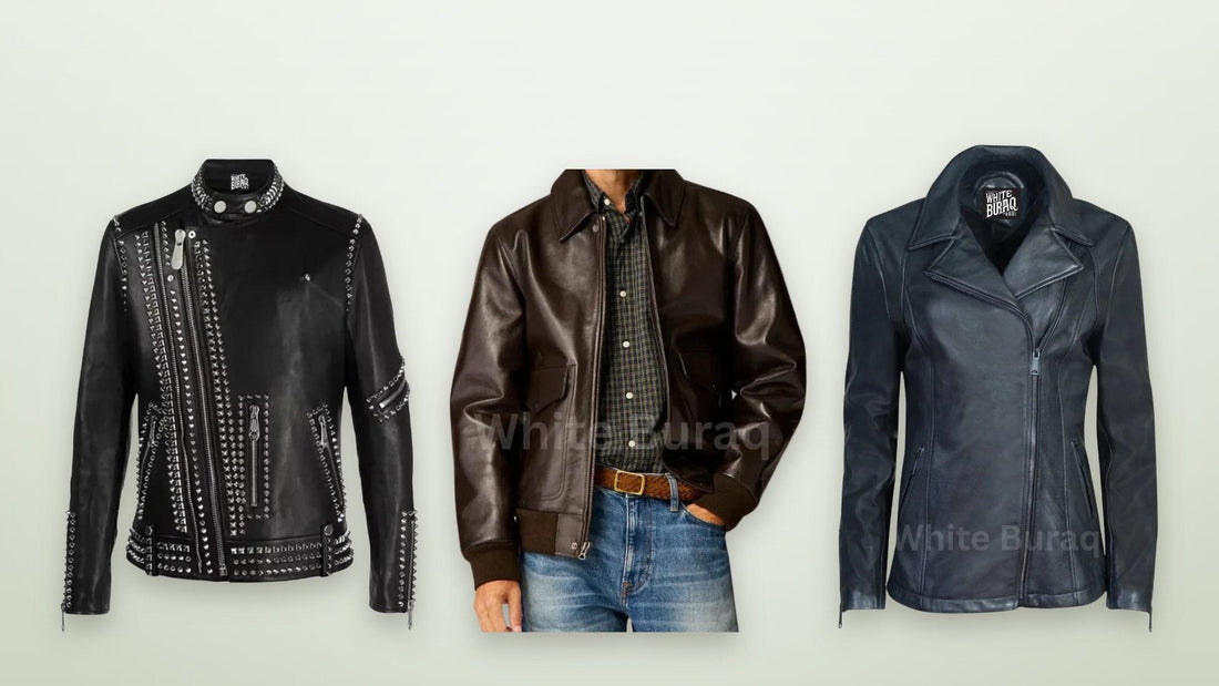 A men's black studded leather biker jacket, a distressed brown A-2 aviator jacket and a women's black long moto jacket for Halloween costumes