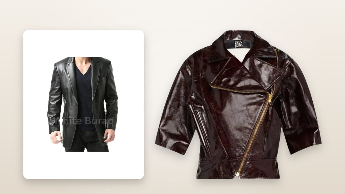 Men's black leather two-button blazer and women's burgundy crinkled leather jacket for holiday parties