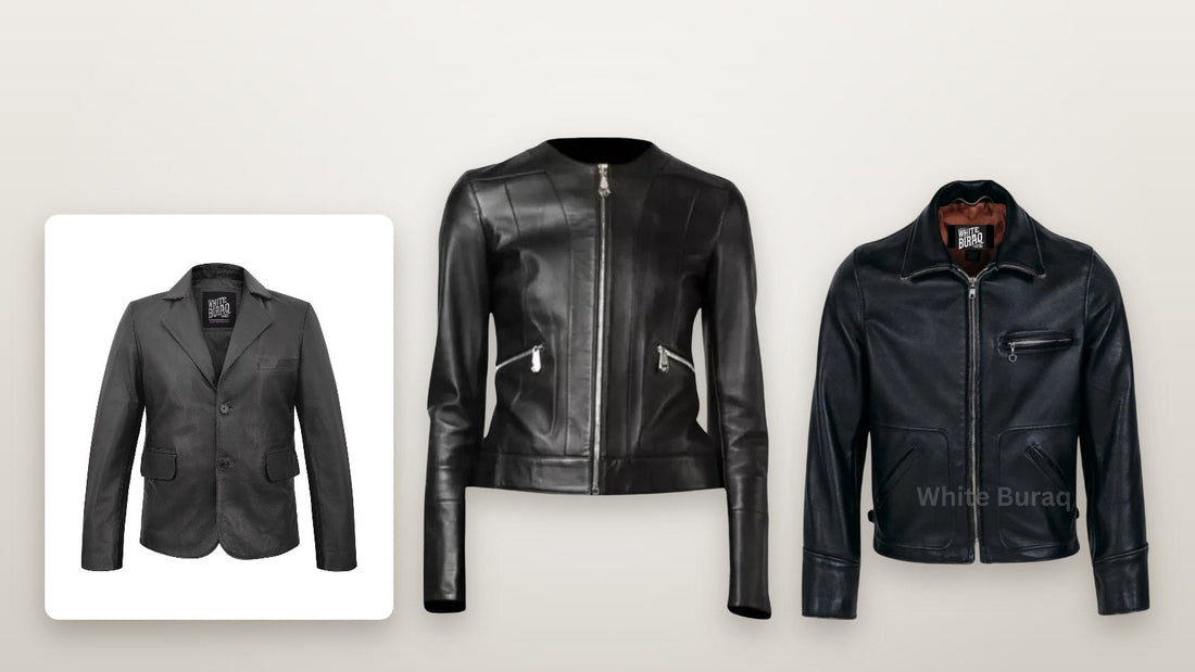 Men's lambskin leather two-button blazer, women's black collarless leather jacket and men's black leather tailored biker jacket