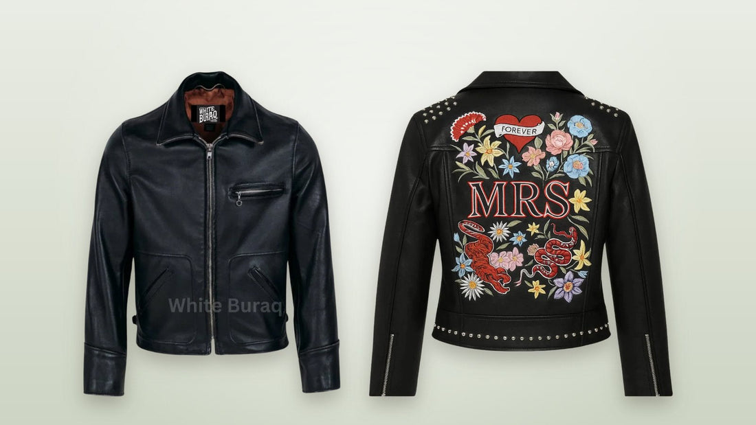 Black leather tailored biker jacket and women's bridal jacket with embroidered text
