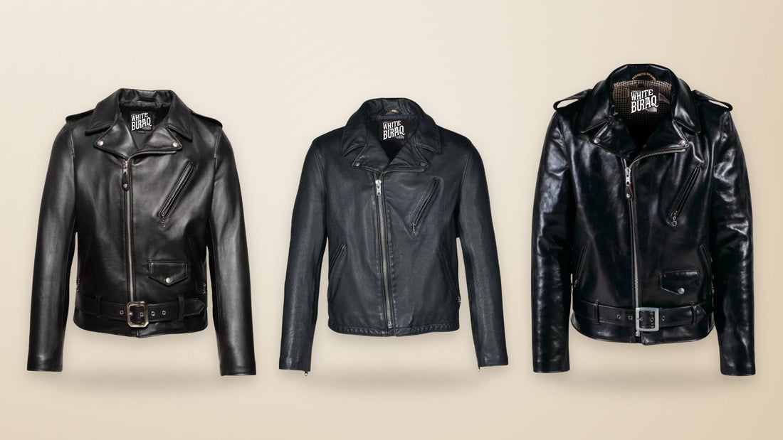 Black lambskin asymmetrical moto jacket, black lightweight cowhide asymmetrical moto jacket and black heavyweight cowhide asymmetrical biker jacket