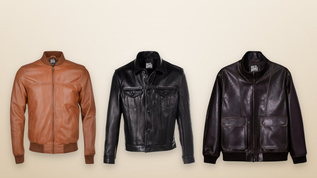 Brown leather bomber, black cowhide trucker and black blouson aviator jackets for comparing sleeve fit