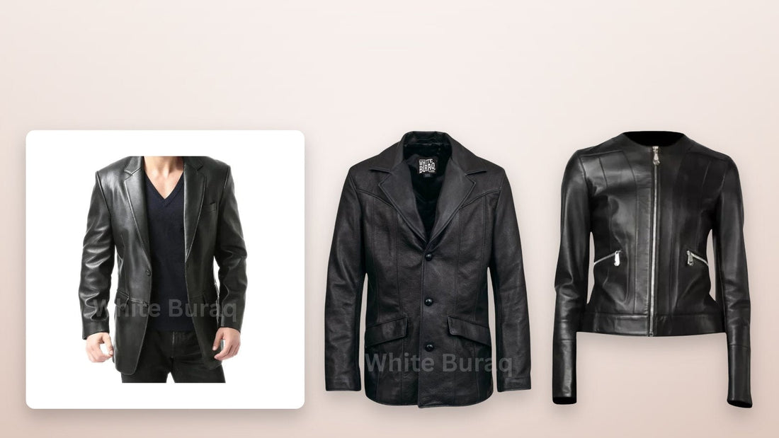 Men's black leather two-button blazer