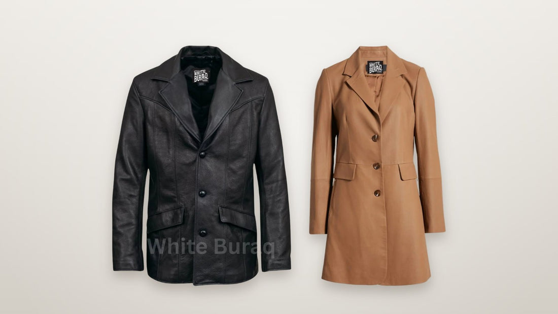 Men's black leather three-button car coat and women's brown lambskin long leather coat