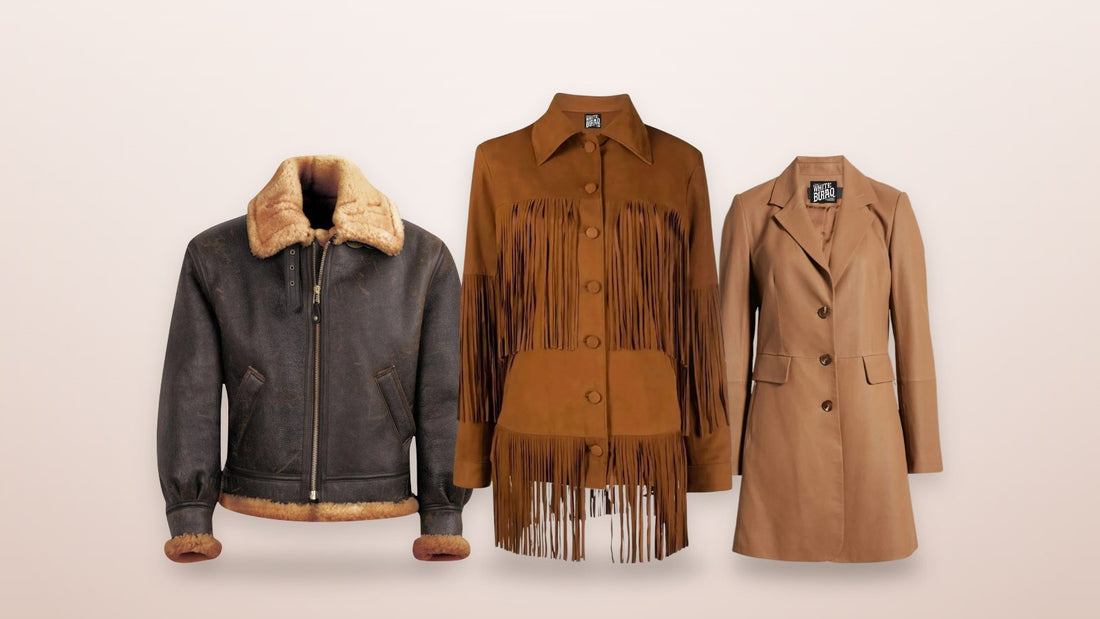 Brown sheepskin B-3 bomber jacket, women's brown fringe leather jacket and women's brown lambskin long leather coat