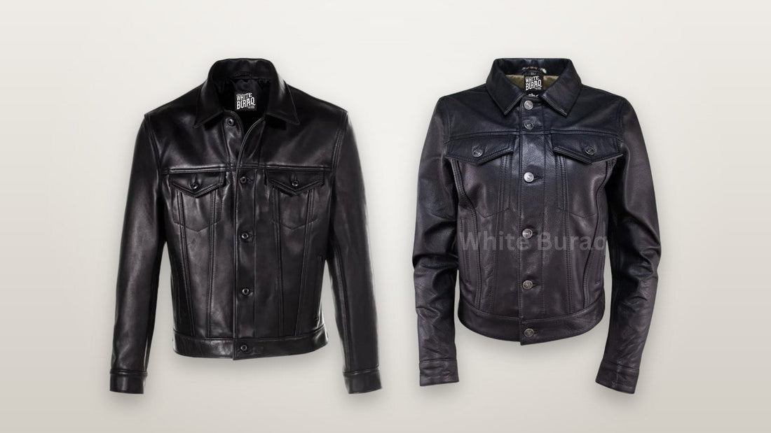 Men's black natural-finish cowhide trucker jacket beside a women's black leather trucker jacket