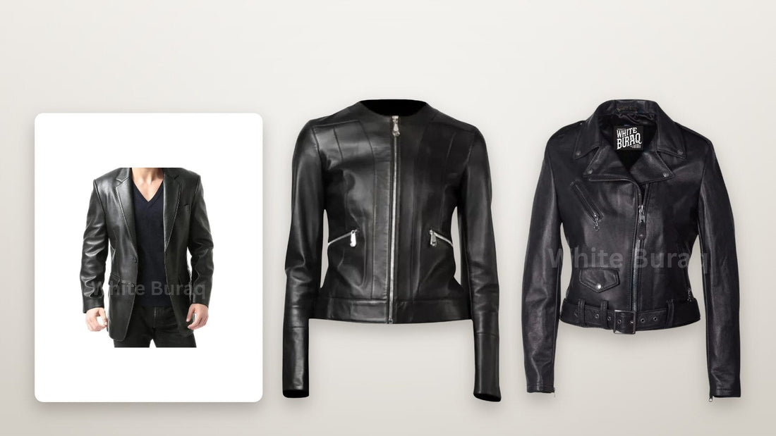 A men's black leather two-button blazer beside two women's leather jackets suited to a wedding reception