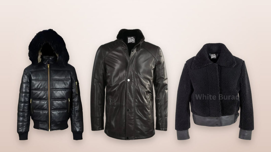 Men's black leather puffer jacket with detachable hood, men's black lambskin coat with sheepskin lining and women's black sheepskin bomber jacket
