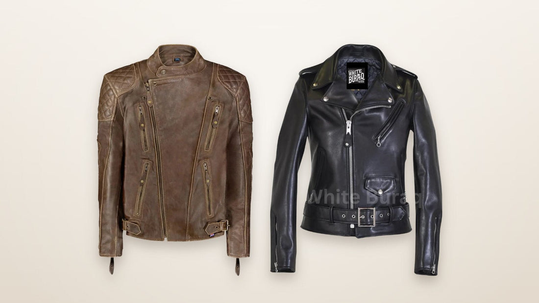Men's cowhide cafe racer jacket and women's black leather biker jacket with lapel collar on a soft neutral background