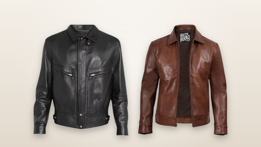 Men's black leather bomber jacket and brown leather Harrington jacket for wearing with chinos