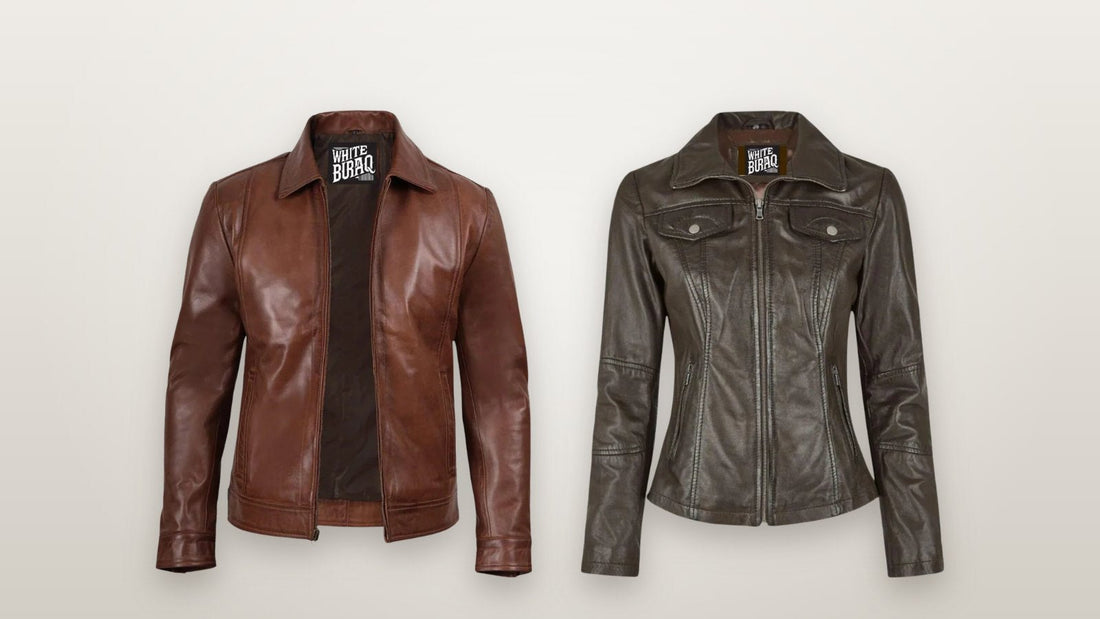 Brown lambskin Harrington jacket and dark brown lambskin trucker jacket to wear with corduroy pants