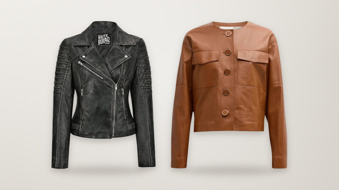 Black lambskin leather biker jacket and distressed brown lambskin collarless leather jacket for women