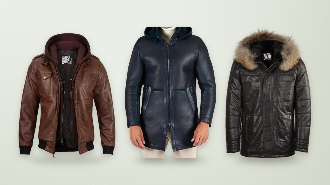 Lambskin leather bomber jacket with removable hood, navy leather jacket with detachable hood and black lambskin hooded jacket with sheepskin lining