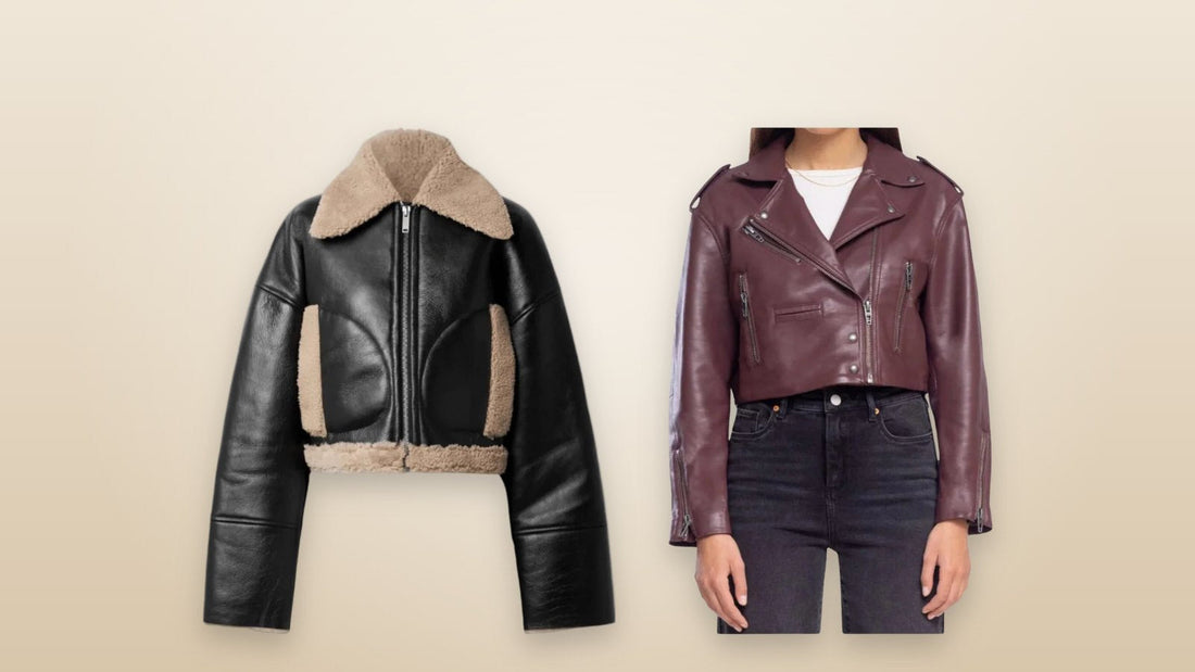 Women's black lambskin cropped aviator jacket and maroon cropped asymmetrical leather jacket on a soft neutral background