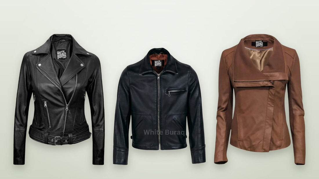 Black asymmetrical moto jacket, black tailored biker jacket and distressed brown jacket with draped collar to wear with leather pants