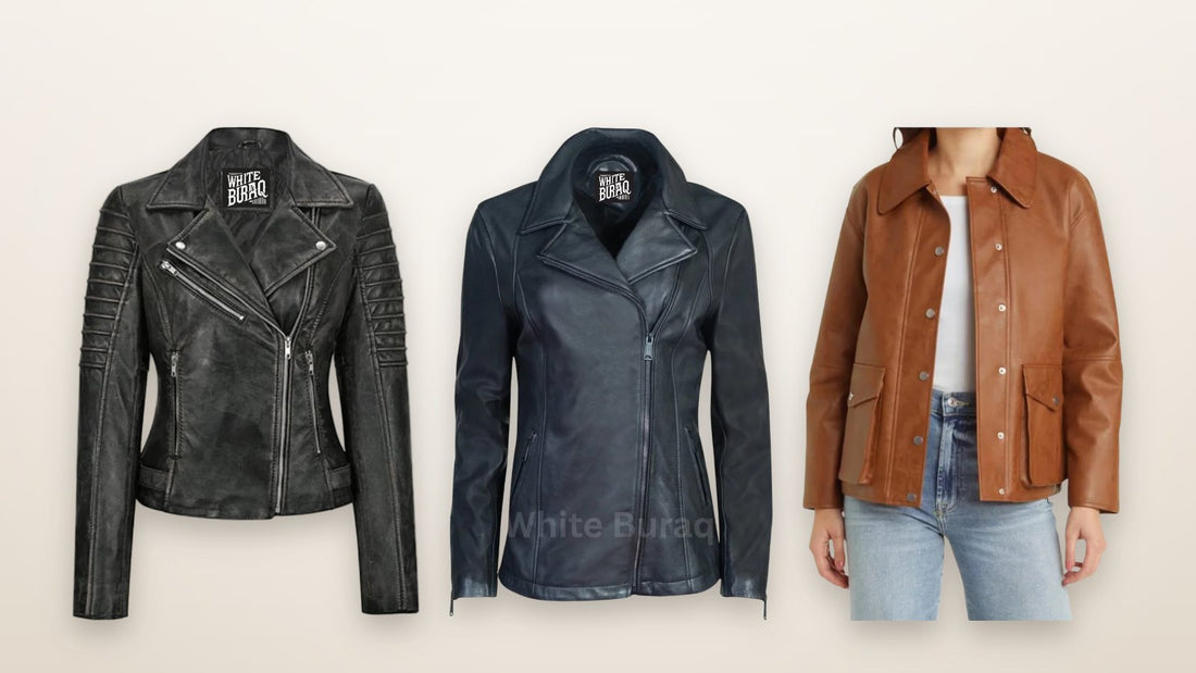 Women's black lambskin leather biker jacket, an easy fall layer to wear over leggings and a long knit
