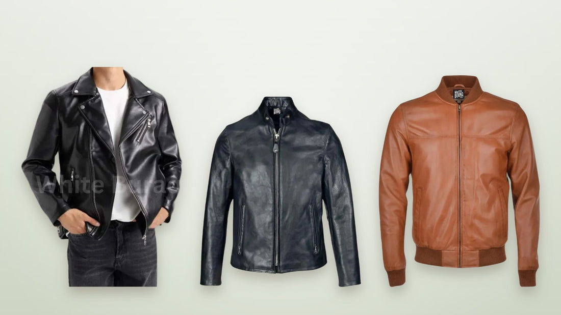 Men's black leather biker jacket with polo collar, men's black lightweight cowhide cafe racer jacket and men's brown leather bomber jacket