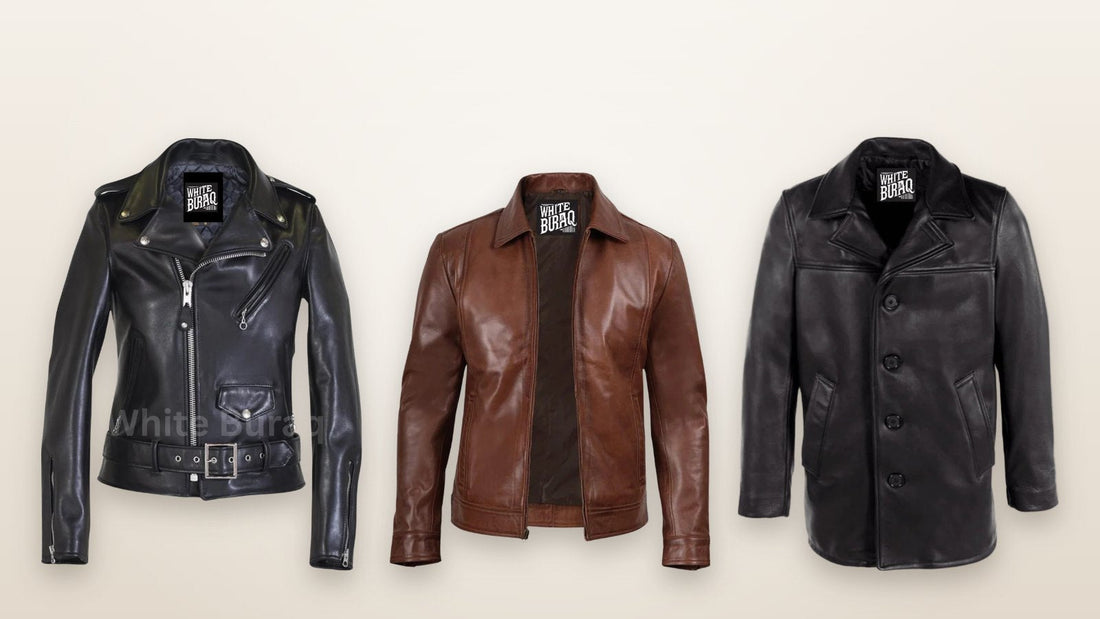 Women's black leather biker jacket with lapel collar, men's brown lambskin Harrington jacket and men's black leather overcoat