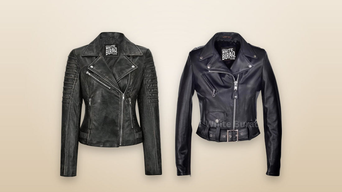 Women's black leather biker jacket and black cropped asymmetrical leather jacket for skirt outfits