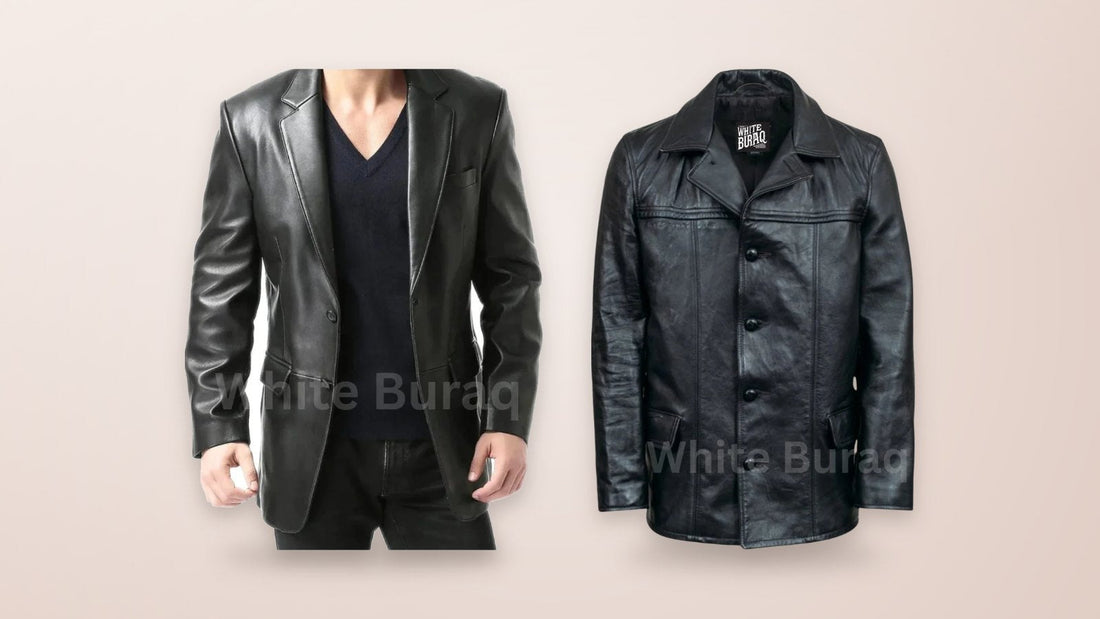 Black leather two-button blazer and black leather mid-length car coat