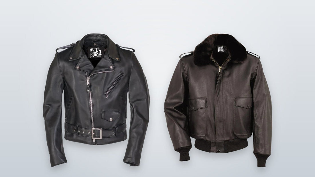 Men's black cowhide moto jacket and cowhide A-2 flight jacket, each with a zip-out liner, on a soft neutral background