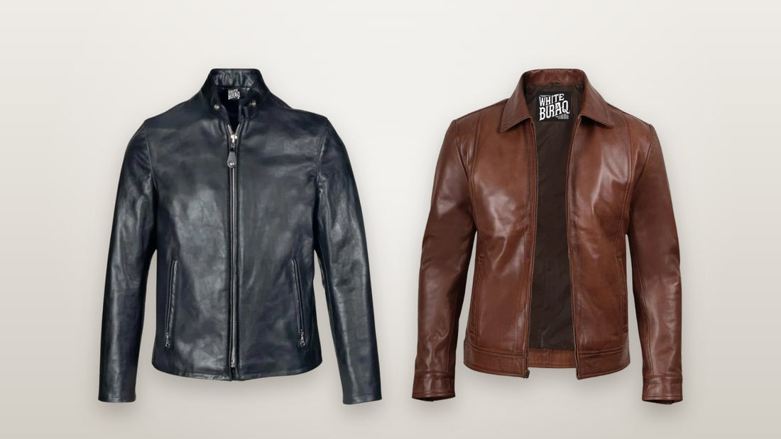 Men's black cowhide cafe racer jacket and brown lambskin Harrington jacket, two clean leather jacket styles for everyday wear