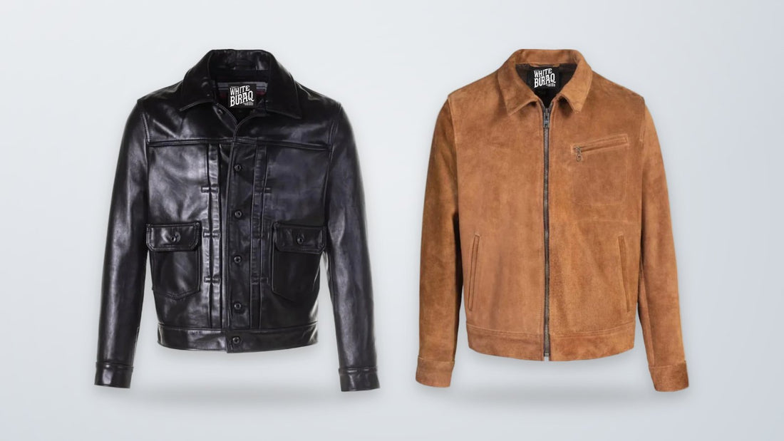 Black horsehide mechanic's jacket and distressed brown roughout cowhide work jacket