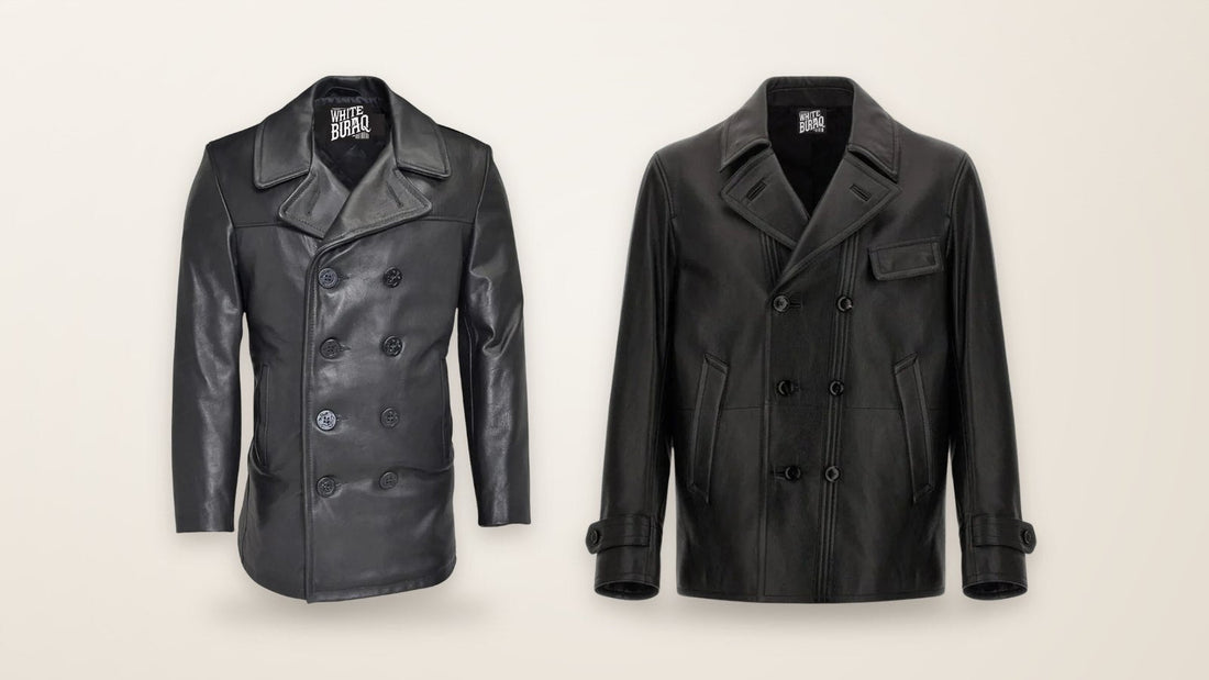 Black leather double-breasted pea coat and black lambskin double-breasted leather jacket