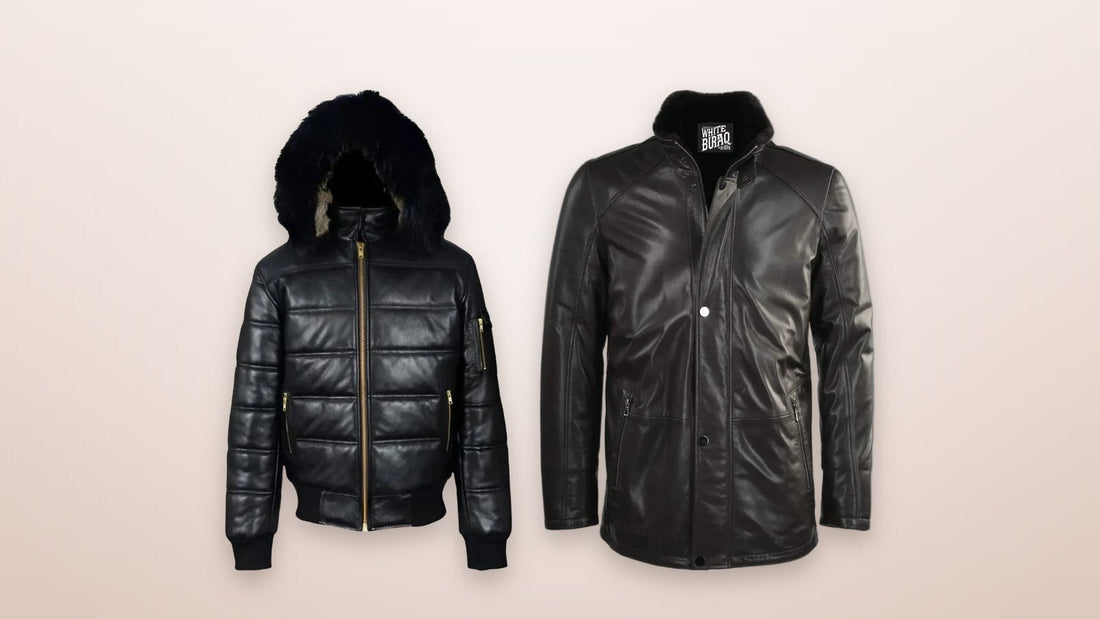 A men's black leather puffer jacket with detachable hood beside a men's black lambskin coat with sheepskin lining