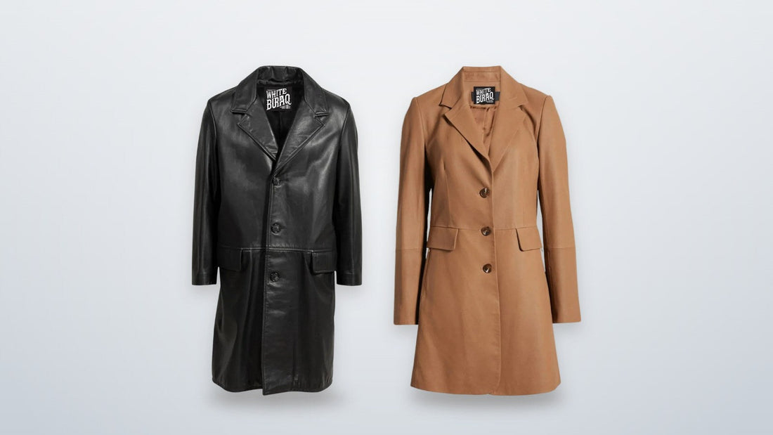 Men's lightweight cowhide leather trench coat and women's brown lambskin long leather coat