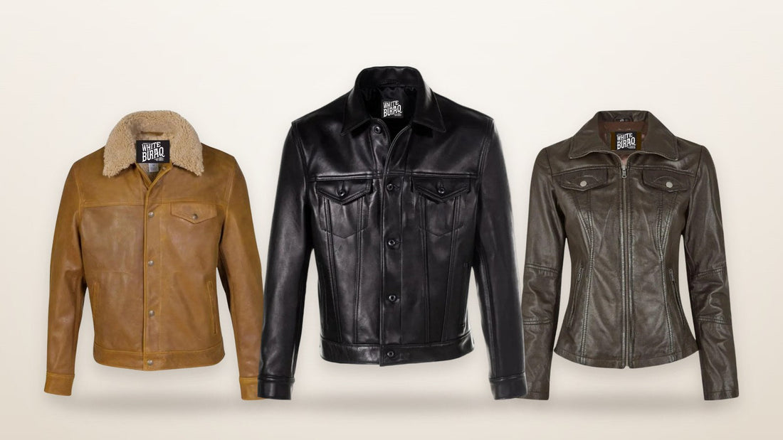 Men's leather trucker jacket with sheepskin collar, men's black cowhide trucker jacket and women's dark brown trucker leather jacket