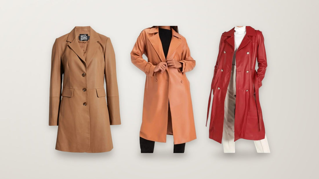 Women's brown lambskin long leather coat, brown lambskin double-breasted trench coat and red leather double-breasted coat
