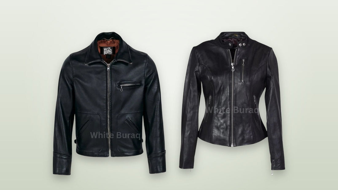 Men's black leather tailored biker jacket and women's black lambskin cafe racer leather jacket