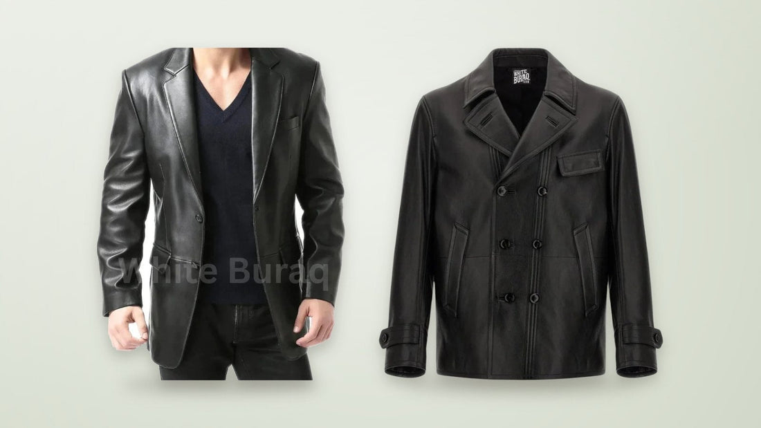 Black leather two-button blazer and black lambskin double-breasted leather jacket