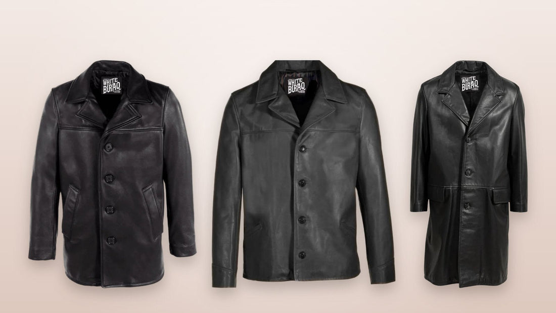 Men's black leather overcoat, car coat and trench coat side by side