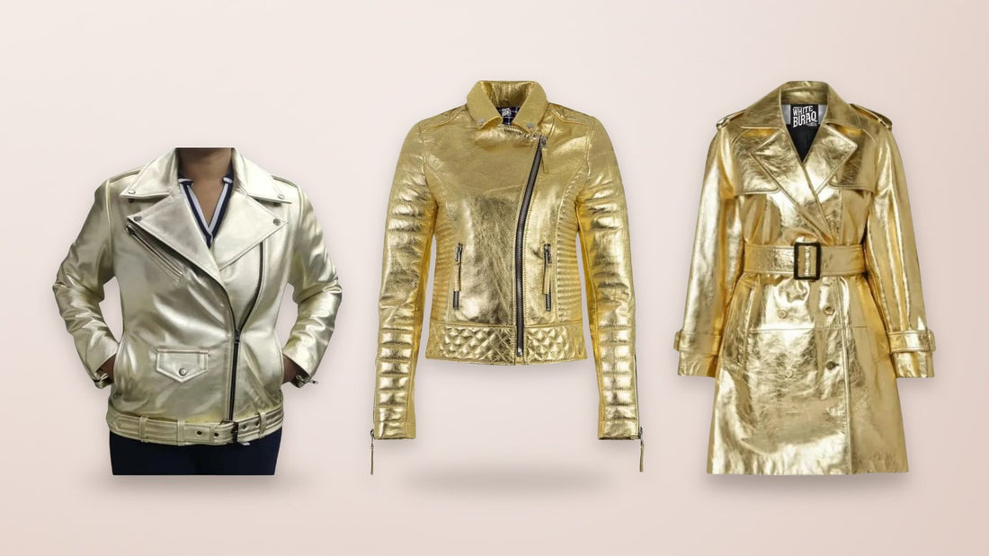 Women's gold metallic lambskin asymmetrical biker jacket, gold metallic quilted leather biker jacket and gold metallic leather trench coat