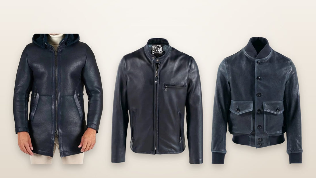 Men's navy leather jacket with detachable hood