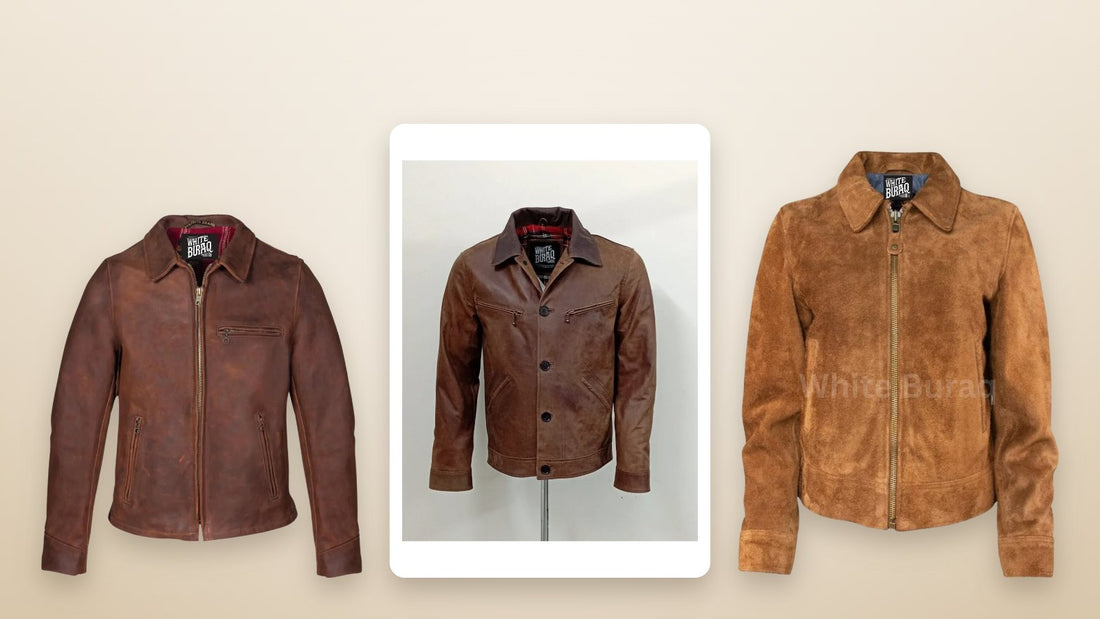 Men's distressed brown oiled nubuck moto jacket with a soft, velvety napped surface