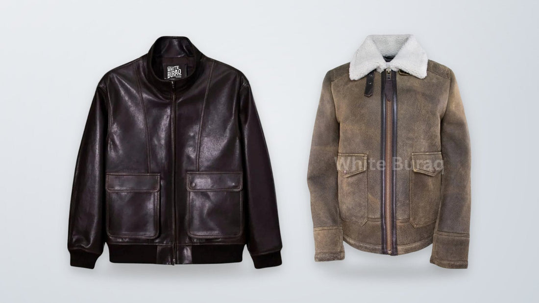Black leather blouson aviator jacket and distressed brown leather bomber jacket with shearling collar for women