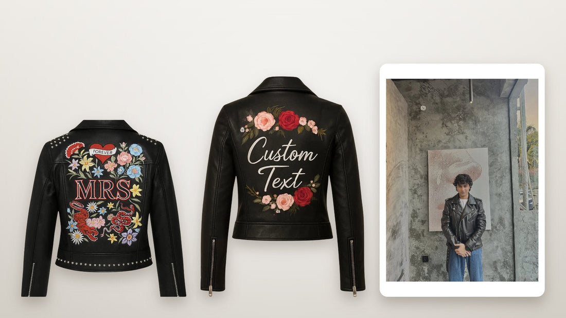 Women's leather bridal jacket with custom embroidered text, a personalized leather jacket for brides