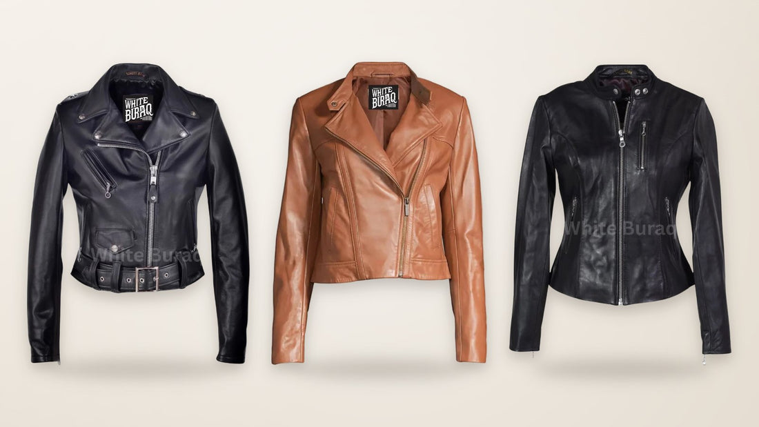 Black lambskin cropped asymmetrical jacket, distressed brown leather cropped moto jacket and black lambskin cafe racer jacket for women
