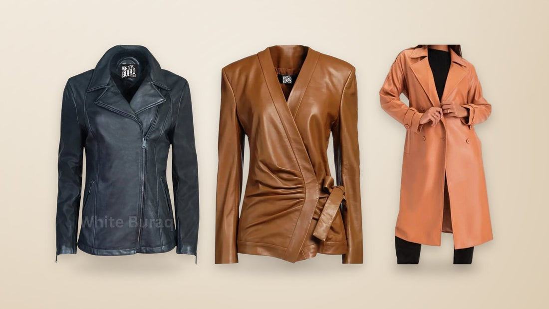 Black lambskin long moto jacket, brown leather V-neck jacket and brown lambskin double-breasted trench coat for women