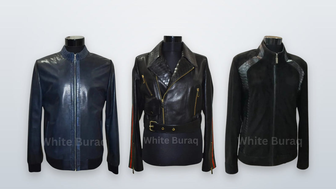 Navy leather bomber, black leather jacket and suede jacket, each with genuine python trim