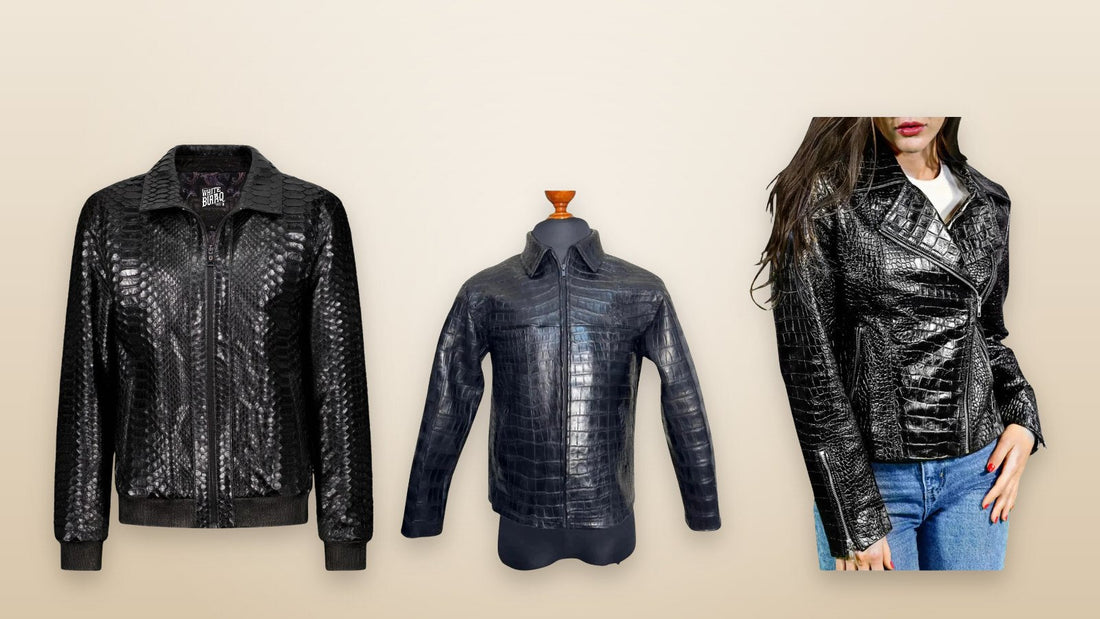 Men's black python leather jacket showing the fine scale texture of genuine python