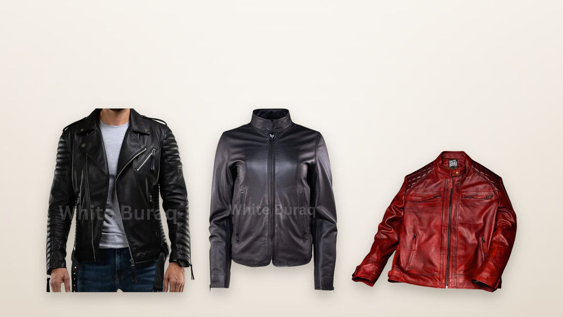 Men's black quilted leather moto jacket, women's black cowhide quilted moto jacket and men's burgundy cowhide quilted biker jacket